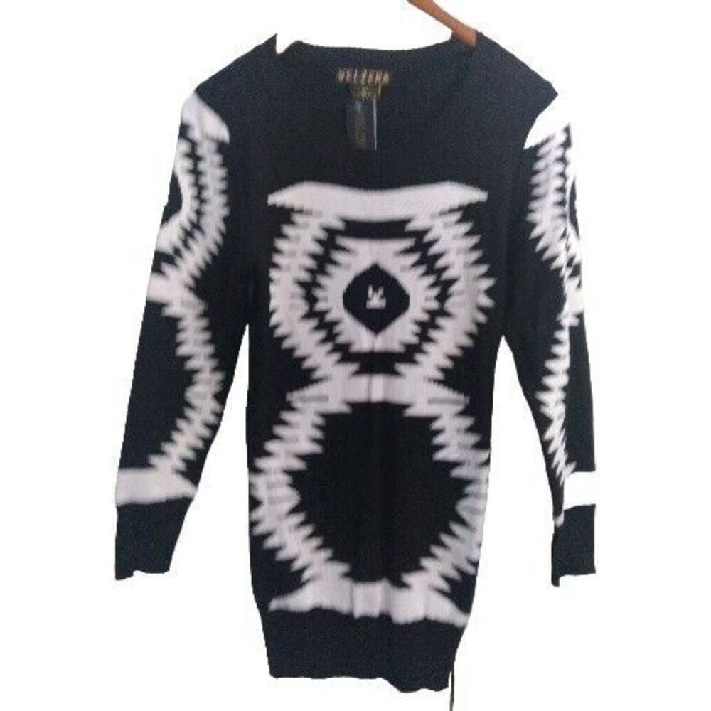 Veleera Aztec Print Sweater Dress Long Sleeve Knit‎ Pullover Black White